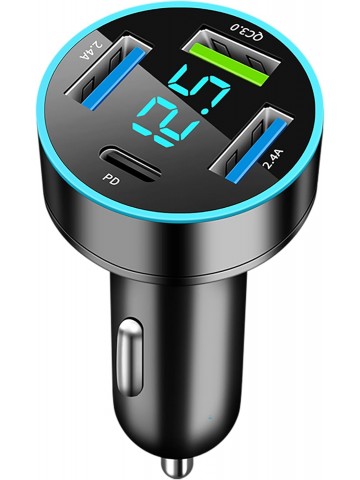 USAMS Car Adapter, 4 Port USB Car Charger with Voltage Display PD 3.0 & QC 3.0 Fast Charging for iPhone, Samsung, iPad & Tablets 