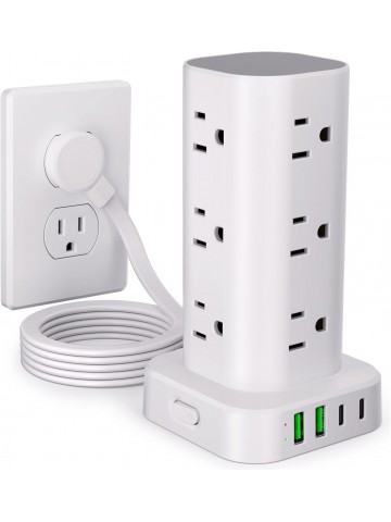 IFEART Power Strip Tower with Multiple Outlets, Flat Plug Surge Protector Tower Extension Cord with 12 AC Outlets 4 USB Ports (2 USB C), 6FT Cord Power 