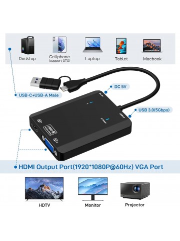 IFEART HDMI Splitter Extended Display for Dual Monitor, 1080p@60Hz USB A or USB-C to HDMI Vga Adapter for Extended Display of Laptop Monitor Desktop TV